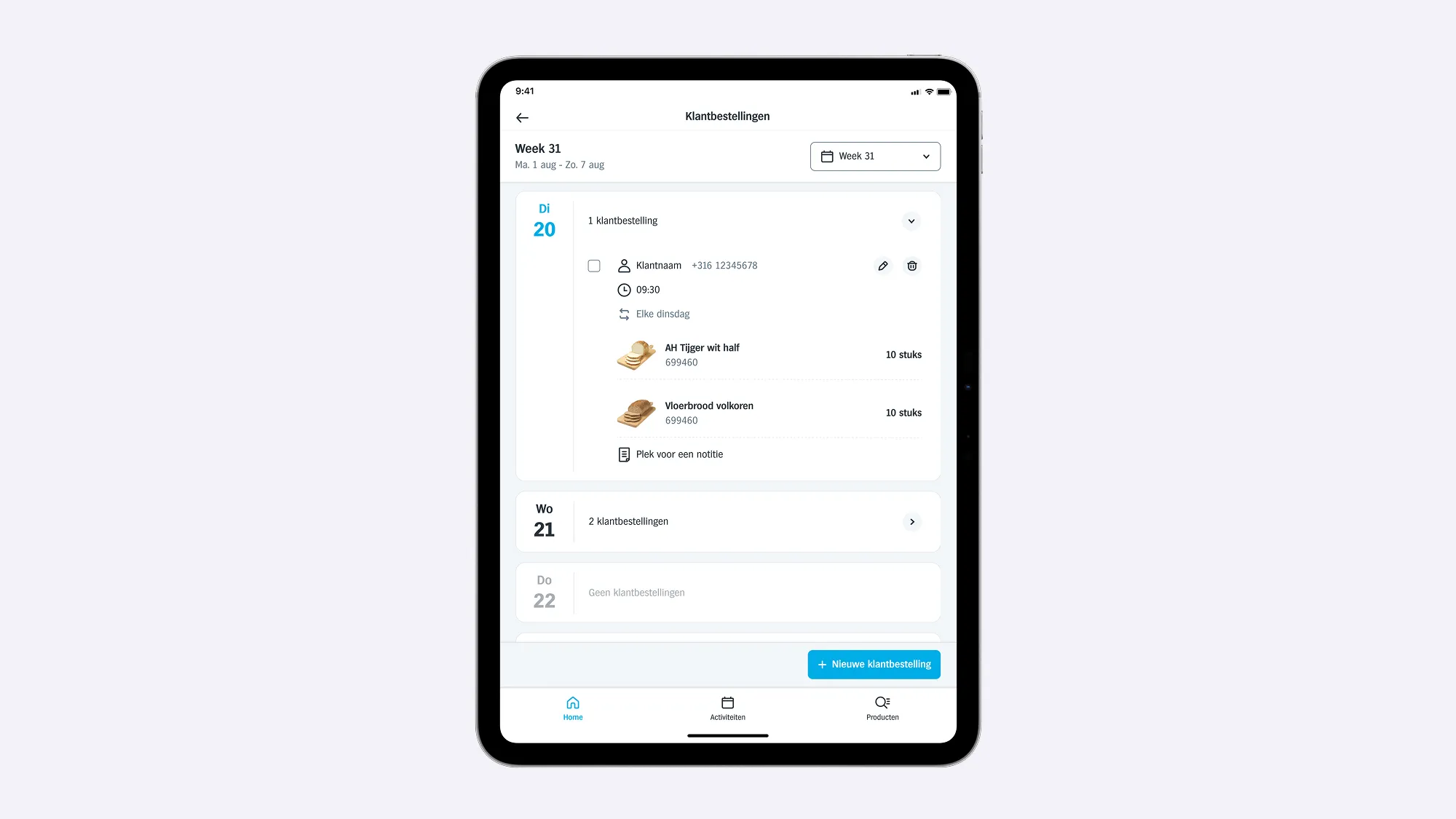 Bak on an iPad showing customer orders per day of the week, with a recurring order of two kinds of bread
